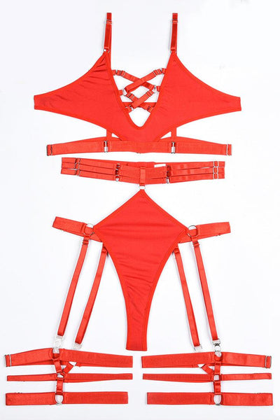 Red Bandage Strappy Cut-Out Thong 4Pc Sexy Lingerie Set - AMIClubwear