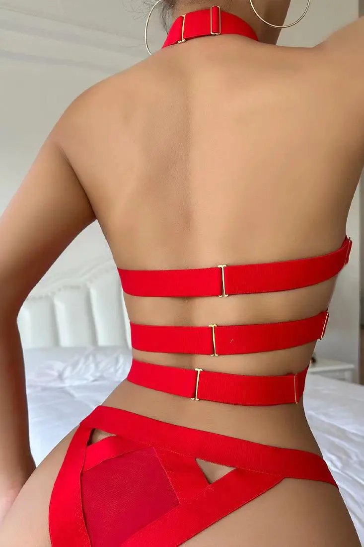 Red Bandage Strappy High Neck Garter 2Pc Lingerie Set