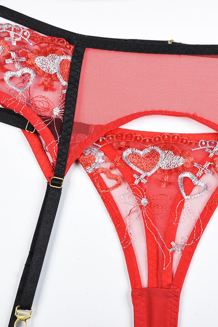 Red Black Heart Embroider Mesh Choker Thong Garter Belt 5Pc Lingerie S   AMIClubwear