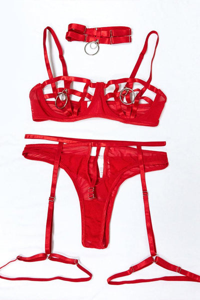 Red Choker Wired Bra Thong Garter 4Pc Lingerie Set - AMIClubwear