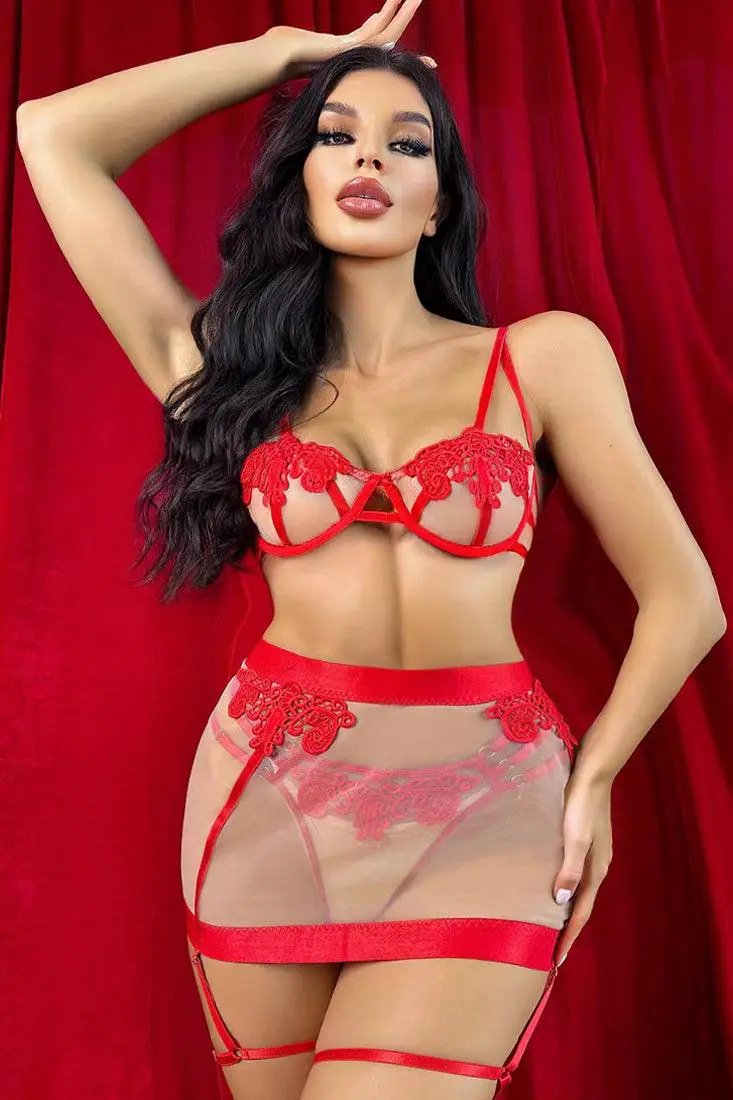 Red Embroider Nude Mesh Garter Bow Thong 3Pc Lingerie Set