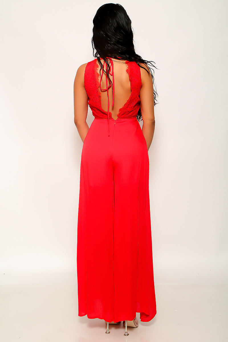 Red Lace Deep V Backless Maxi Sexy Jumpsuit Outfit