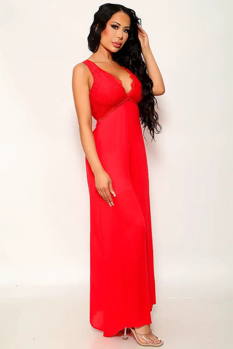 Red Lace Deep V Backless Maxi Sexy Jumpsuit Outfit