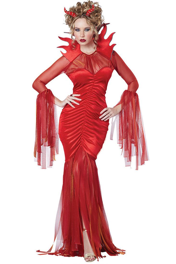 Red Mesh Ruched Zipper Full Length 2 Pc Devil Costume - AMIClubwear