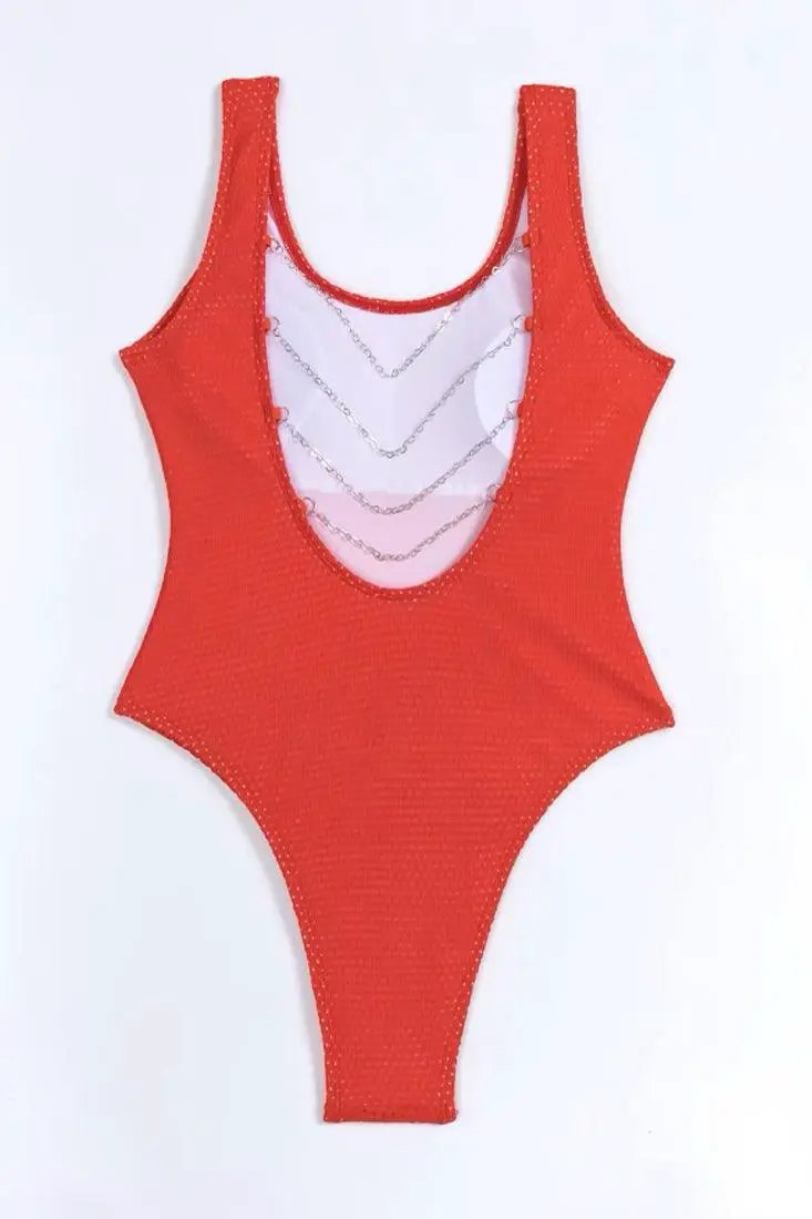 Red Open Back Gold Chains Cheeky 1 Pc Swimsuit Monokini S062