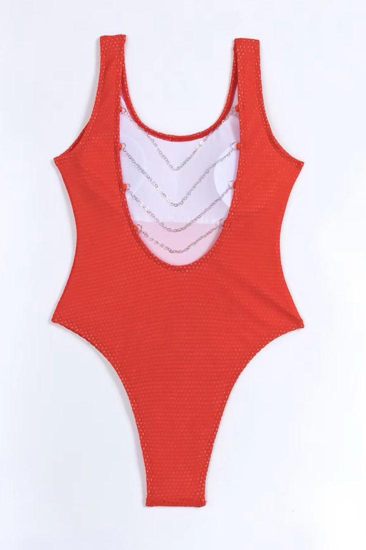 Red Open Back Gold Chains Cheeky 1 Pc Swimsuit Monokini S062 - AMIClubwear