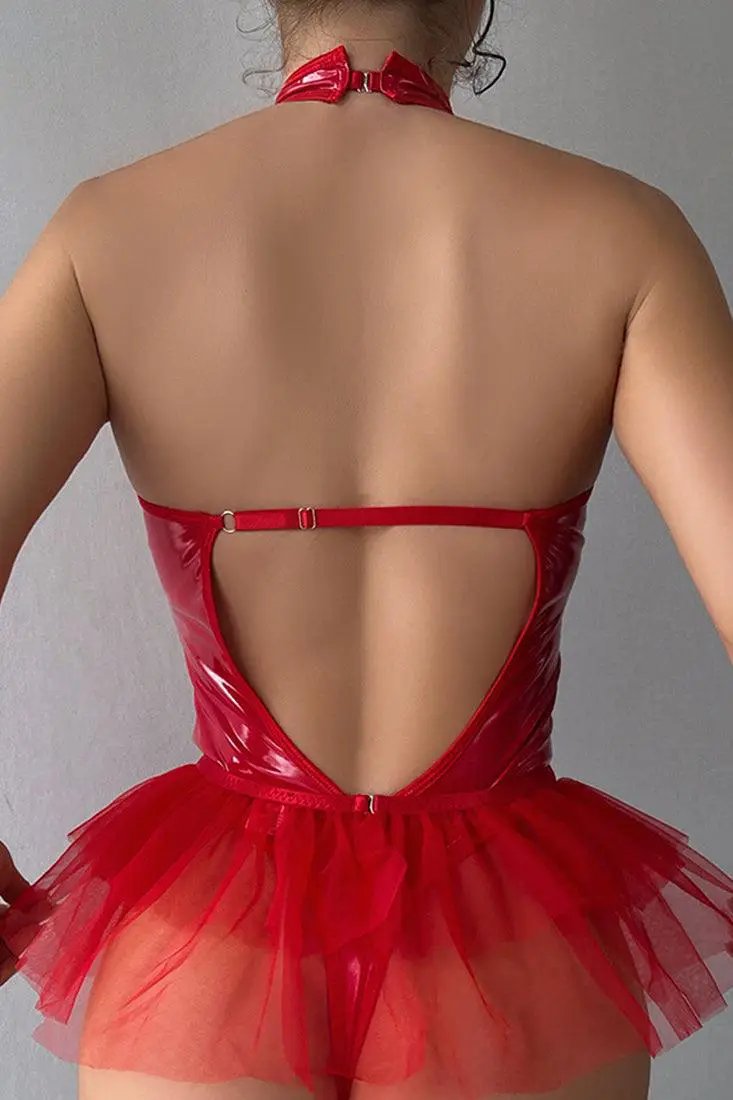 Red Patent Netted Halter Tutu Garter Belt Thong 3Pc Lingerie Set