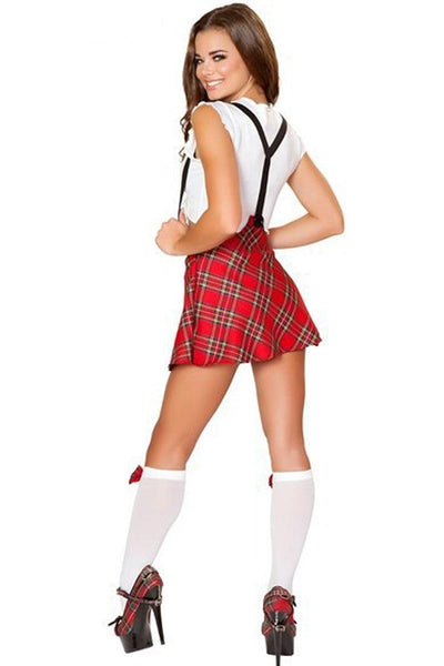 Red Plaid White Cropped Suspender 2Pc Sexy School Girl Costume - AMIClubwear