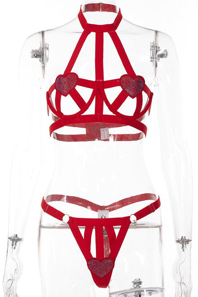 Red Rhinestone Hearts Bandage Wired Thong 2 Pc Lingerie Set - AMIClubwear