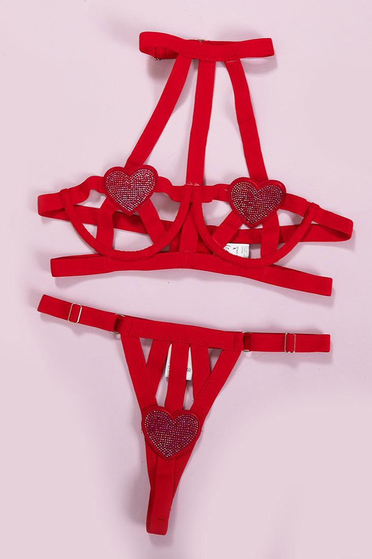 Red Rhinestone Hearts Bandage Wired Thong 2 Pc Lingerie Set - AMIClubwear