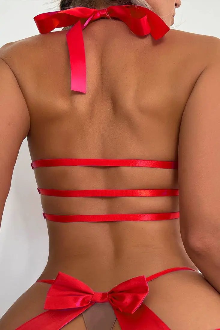 Red Satin Bow Strappy Crotchless Thong 2Pc Sexy Lingerie Set