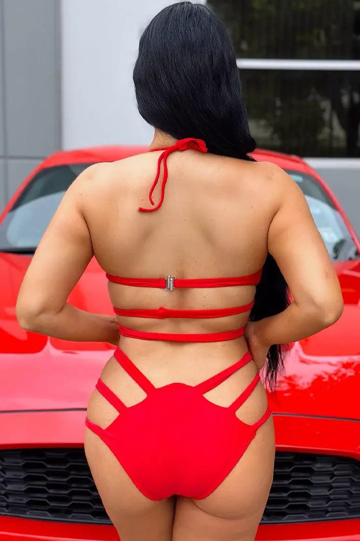 Red Sexy Strappy Bandage 1 Pc Swimsuit Monokini