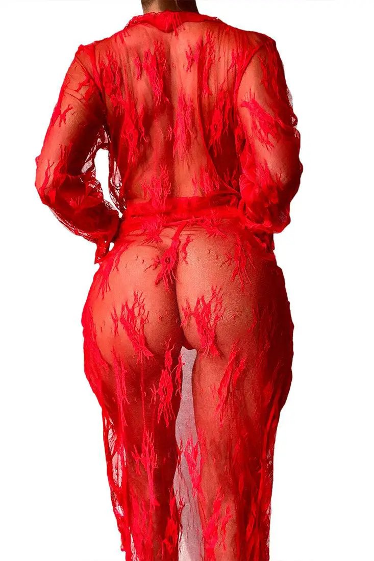 Red Sheer Lace Long Robe Kimono Thong 2Pc Lingerie Set