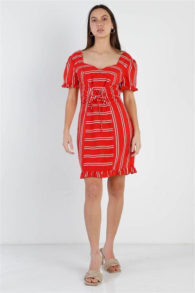 Red Stripe Lace Up Front Detail Ruffle Trim Balloon Sleeve Dress - AMIClubwear