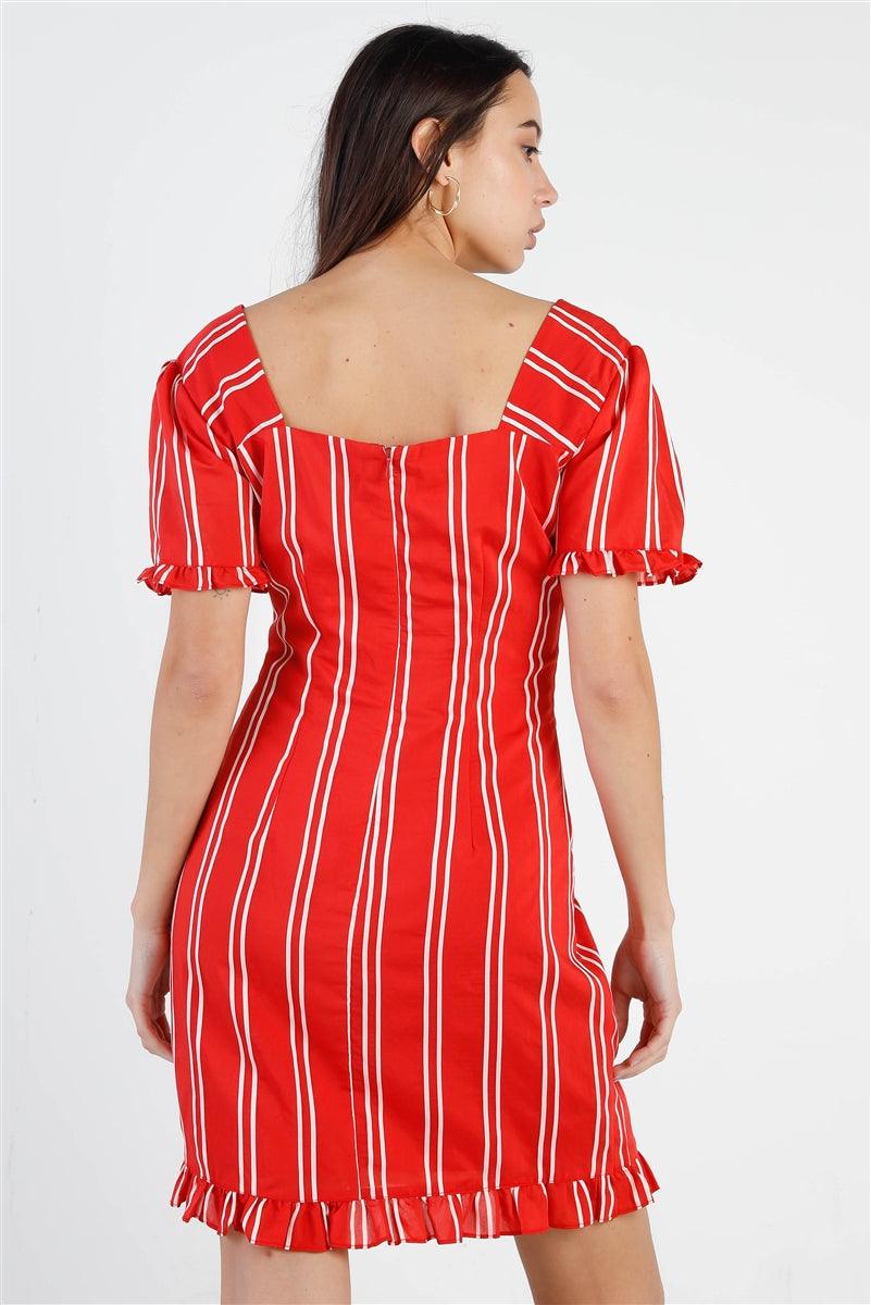 Red Stripe Lace Up Front Detail Ruffle Trim Balloon Sleeve Dress - AMIClubwear