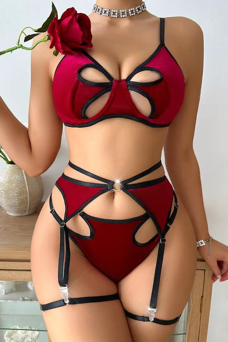 Red Velvet Cut-Out Thong Garter Belt 5Pc Sexy Lingerie Set