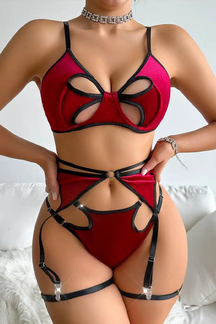 Red Velvet Cut-Out Thong Garter Belt 5Pc Sexy Lingerie Set