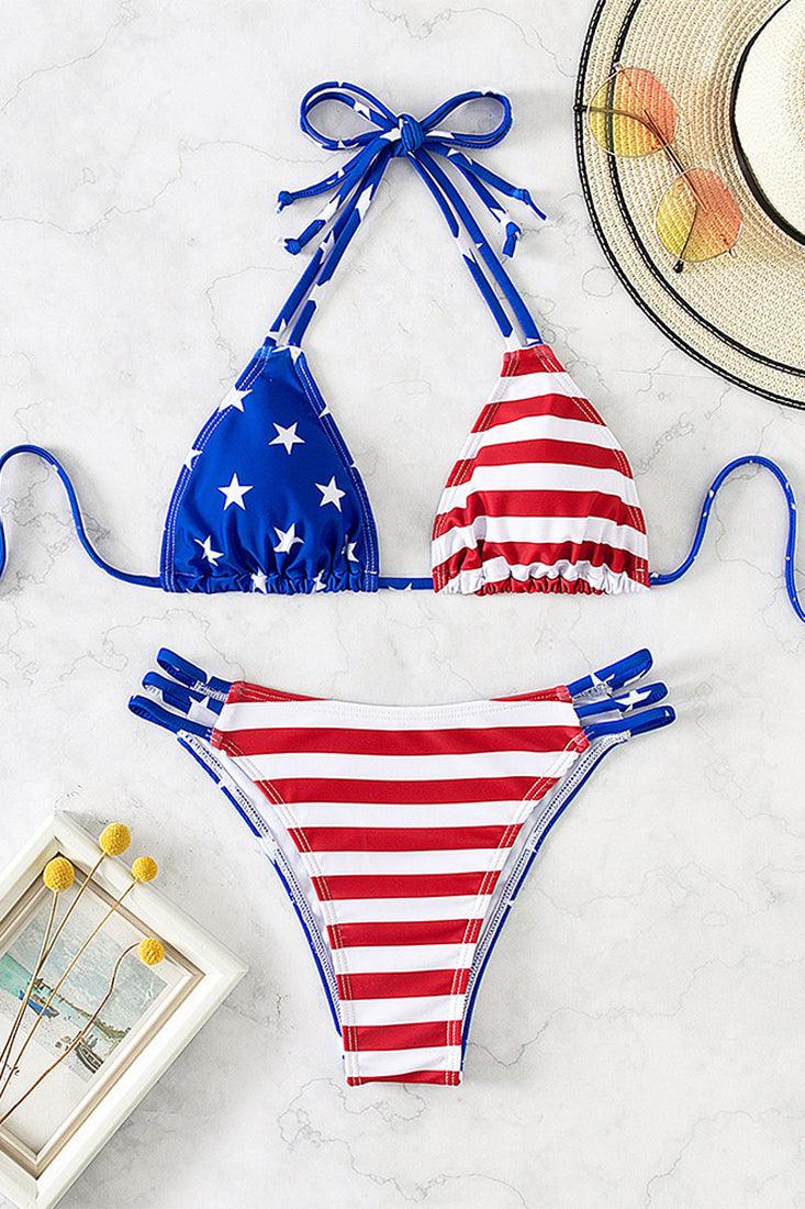 Red White Blue Star Stripe American Flag Strappy 2Pc Sexy Swimsuit Bikini - AMIClubwear