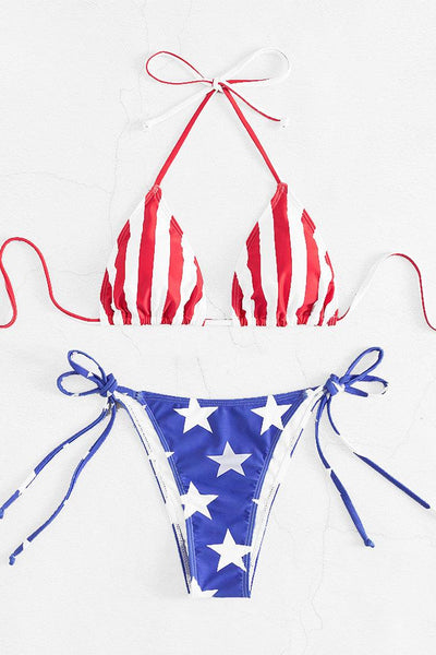 Red White Blue Star Stripes American Flag 2Pc Bikini Cheeky Swimsuit - AMIClubwear