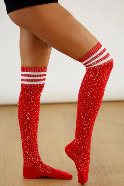 Red White Striped Rhinestone Thigh High Socks - AMIClubwear