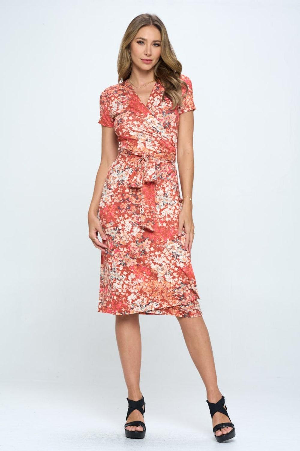 RENEE C Floral Tie Front Surplice Short Sleeve Dress - AMIClubwear