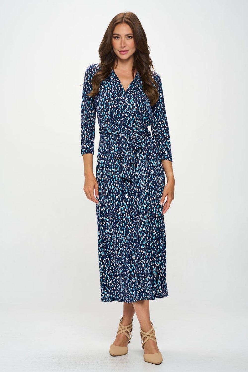 RENEE C Printed Tie Front Surplice Midi Dress - AMIClubwear