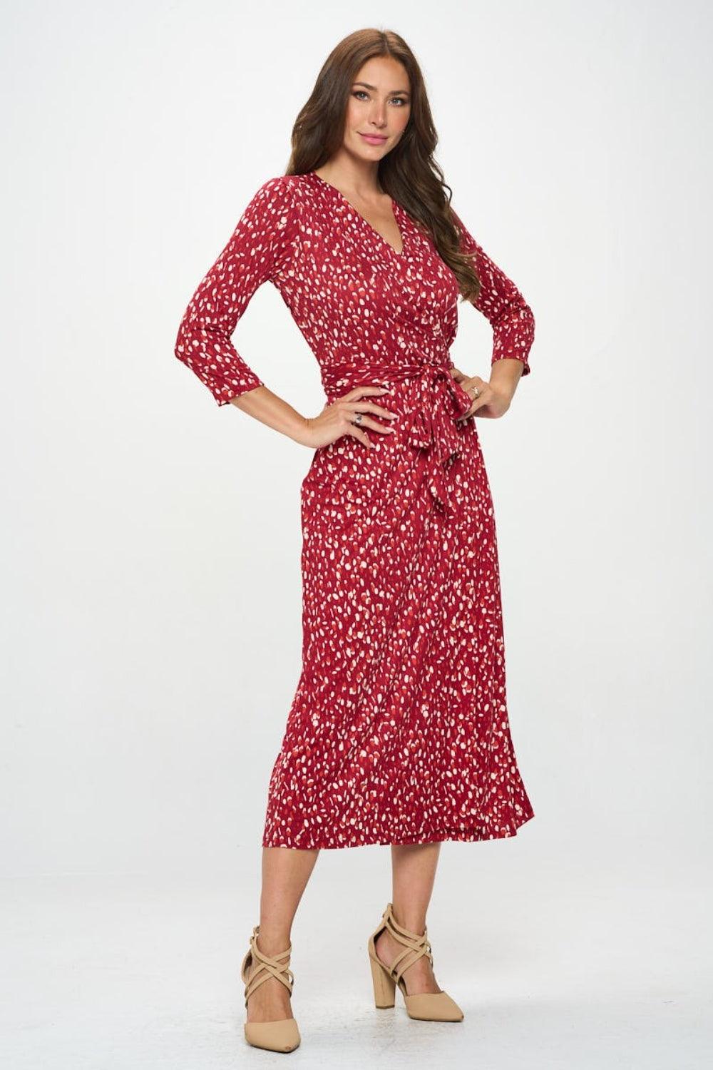 RENEE C Printed Tie Front Surplice Midi Dress - AMIClubwear