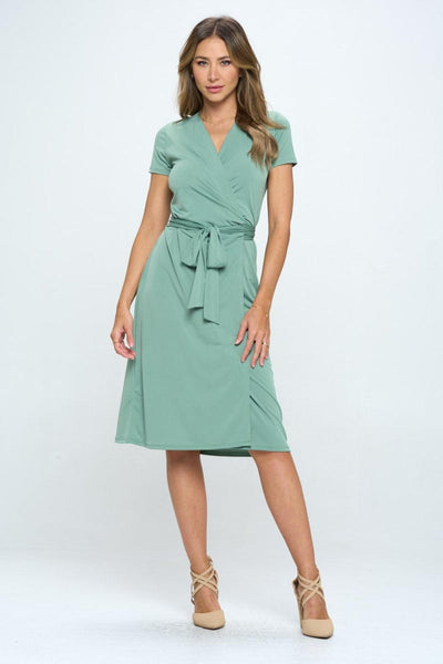 RENEE C Tie Front Surplice Short Sleeve Dress - AMIClubwear