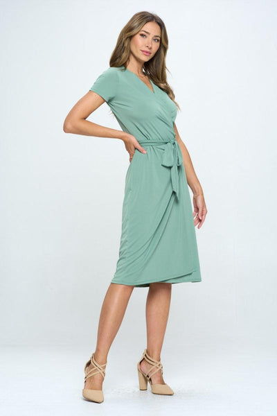 RENEE C Tie Front Surplice Short Sleeve Dress - AMIClubwear