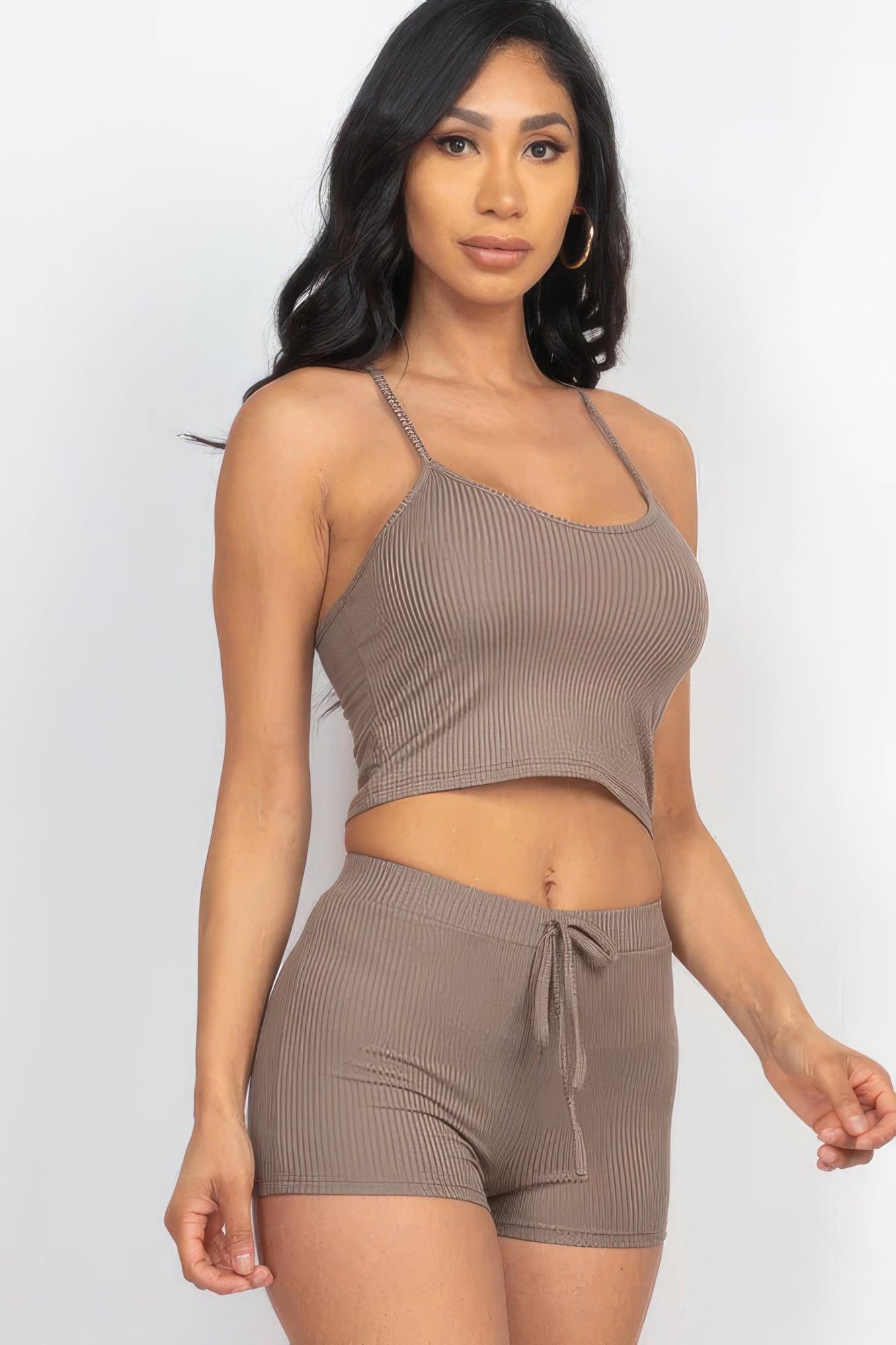 Ribbed Crop Cami Top & Shorts Set - AMIClubwear