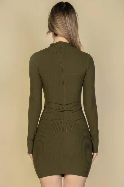Ribbed Cut Out Front Long Sleeve Bodycon Mini Dress - AMIClubwear
