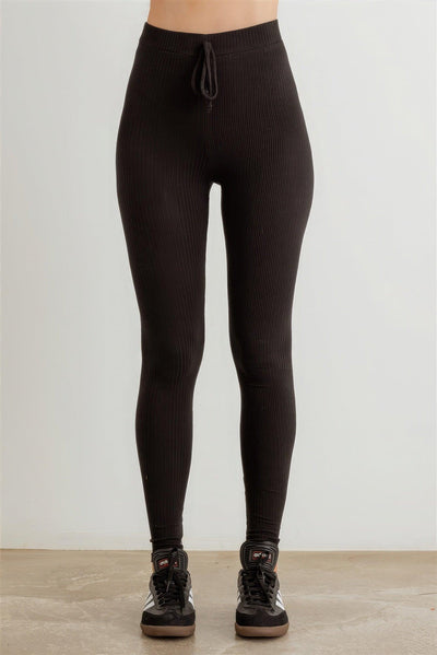 Ribbed High Waist Drawstring Leggings - AMIClubwear