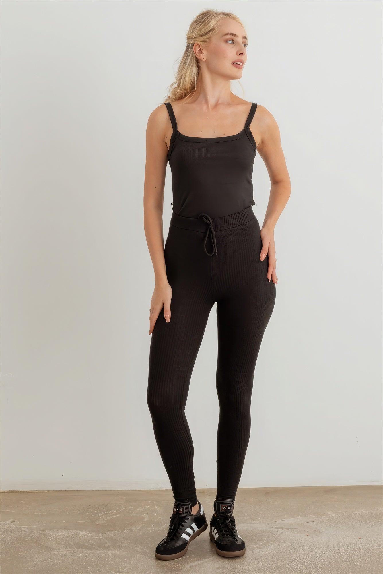 Ribbed High Waist Drawstring Leggings - AMIClubwear