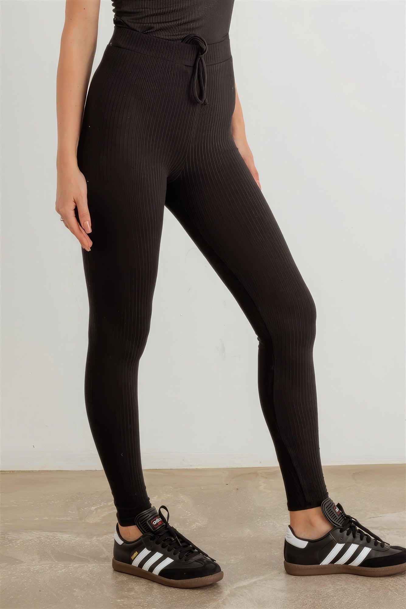 Ribbed High Waist Drawstring Leggings - AMIClubwear