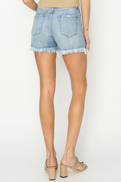 RISEN Button Fly Frayed Hem Denim Shorts - AMIClubwear