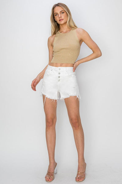 RISEN Button Fly Frayed Hem Denim Shorts - AMIClubwear