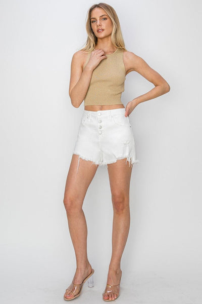 RISEN Button Fly Frayed Hem Denim Shorts - AMIClubwear