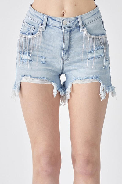 RISEN Frayed Hem Denim Shorts with Fringe Detail Pockets - AMIClubwear