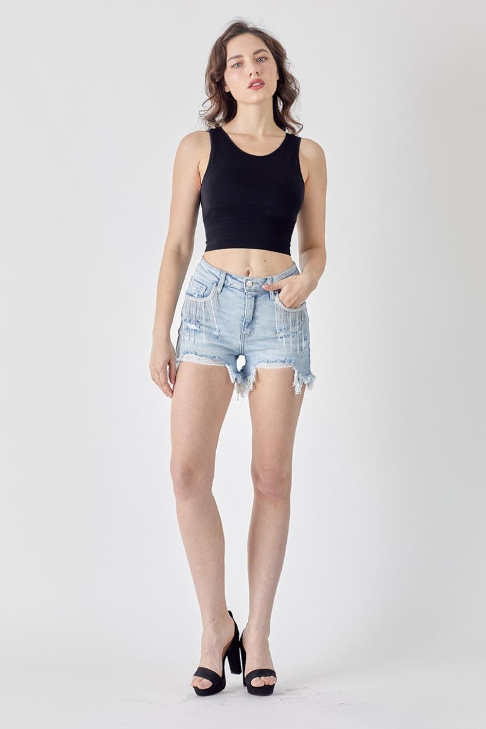 RISEN Frayed Hem Denim Shorts with Fringe Detail Pockets - AMIClubwear