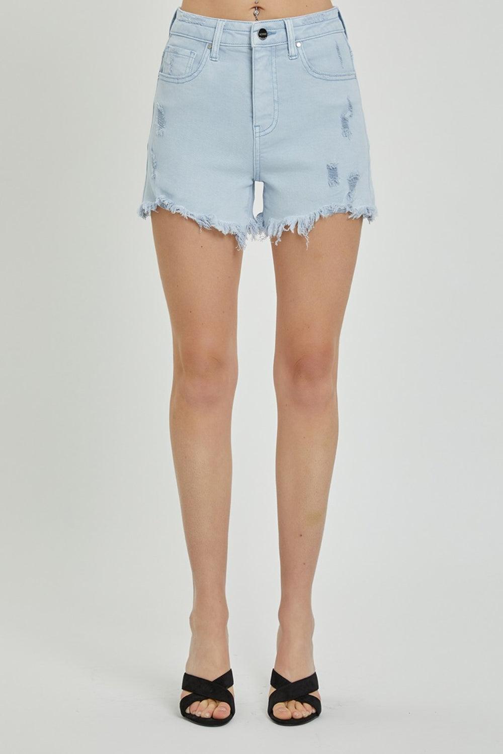 RISEN Full Size High Rise Distressed Detail Denim Shorts - AMIClubwear
