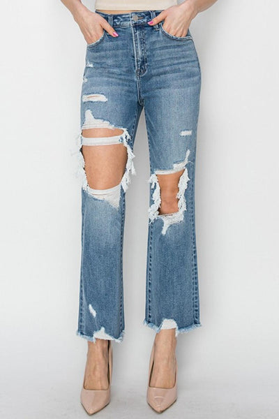 RISEN High Rise Distressed Crop Straight Jeans - AMIClubwear