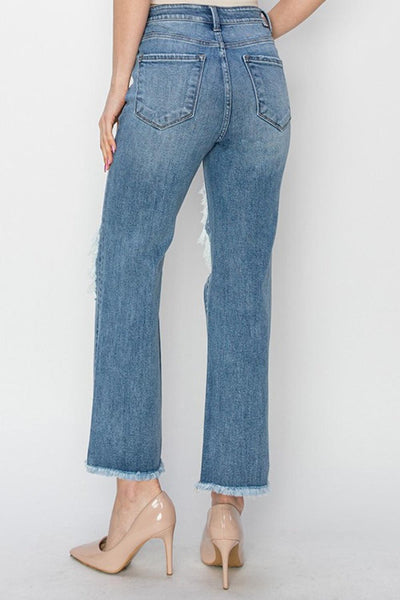 RISEN High Rise Distressed Crop Straight Jeans - AMIClubwear