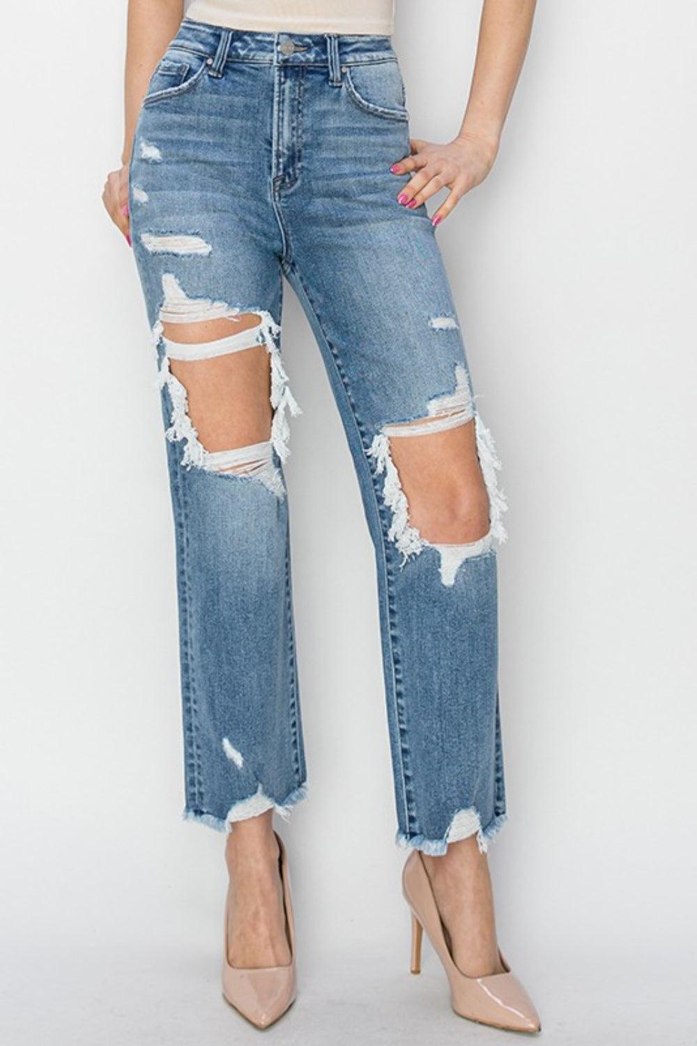 RISEN High Rise Distressed Crop Straight Jeans - AMIClubwear