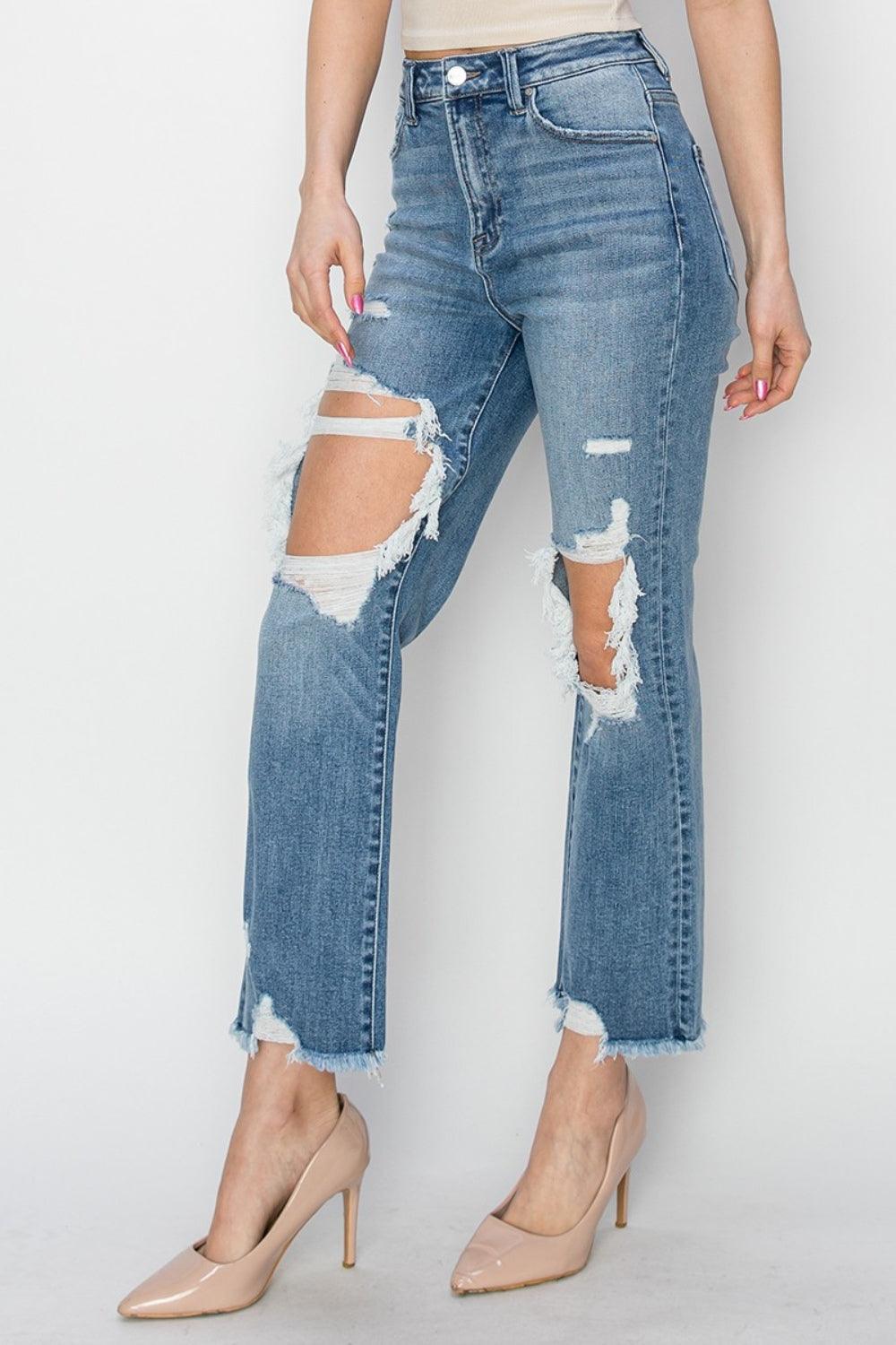 RISEN High Rise Distressed Crop Straight Jeans - AMIClubwear