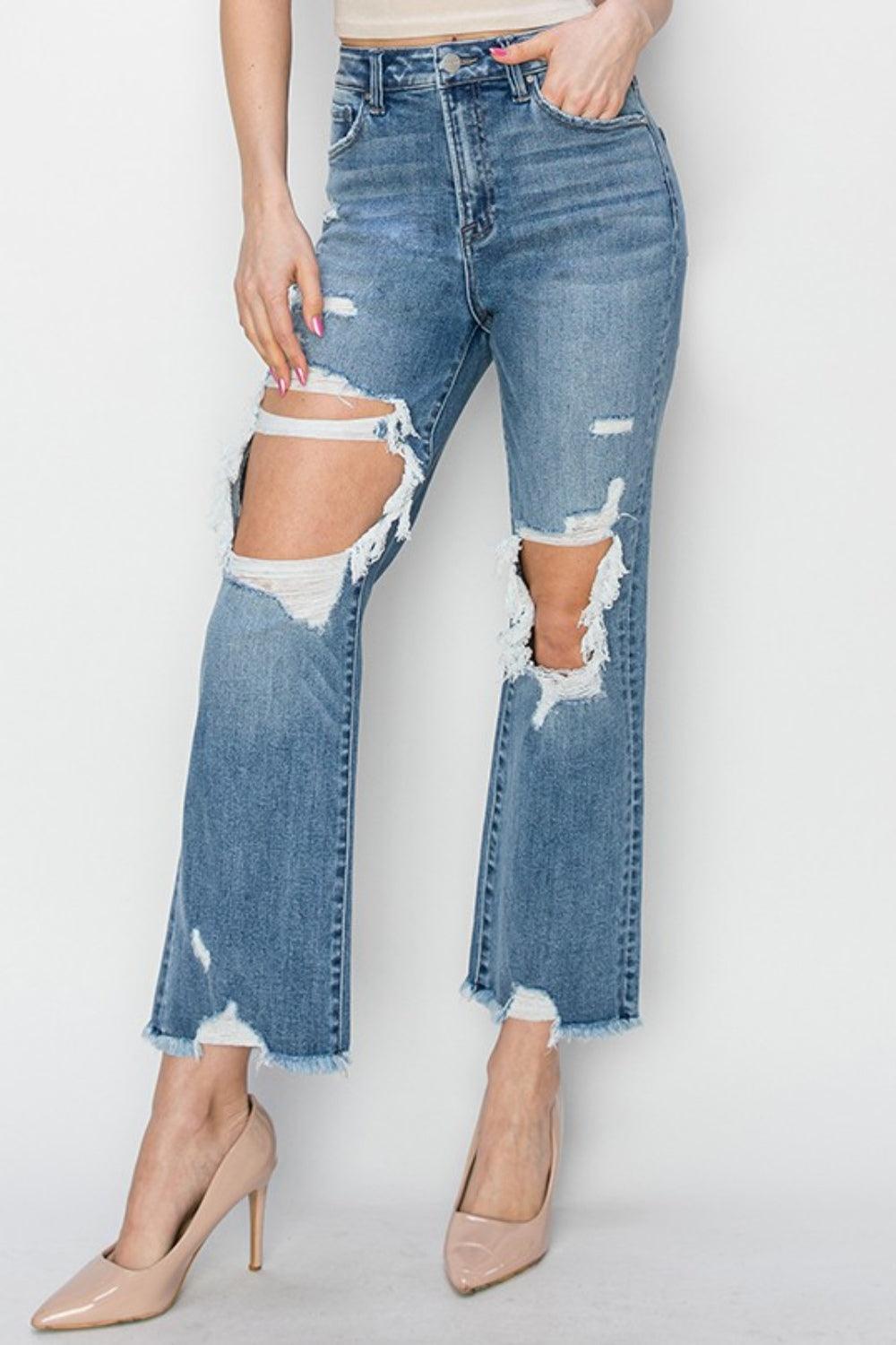 RISEN High Rise Distressed Crop Straight Jeans - AMIClubwear