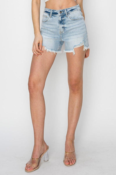 RISEN High Waist Frayed Detail Denim Shorts - AMIClubwear