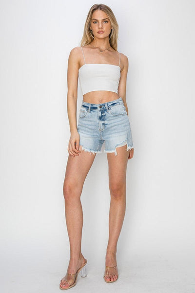 RISEN High Waist Frayed Detail Denim Shorts - AMIClubwear