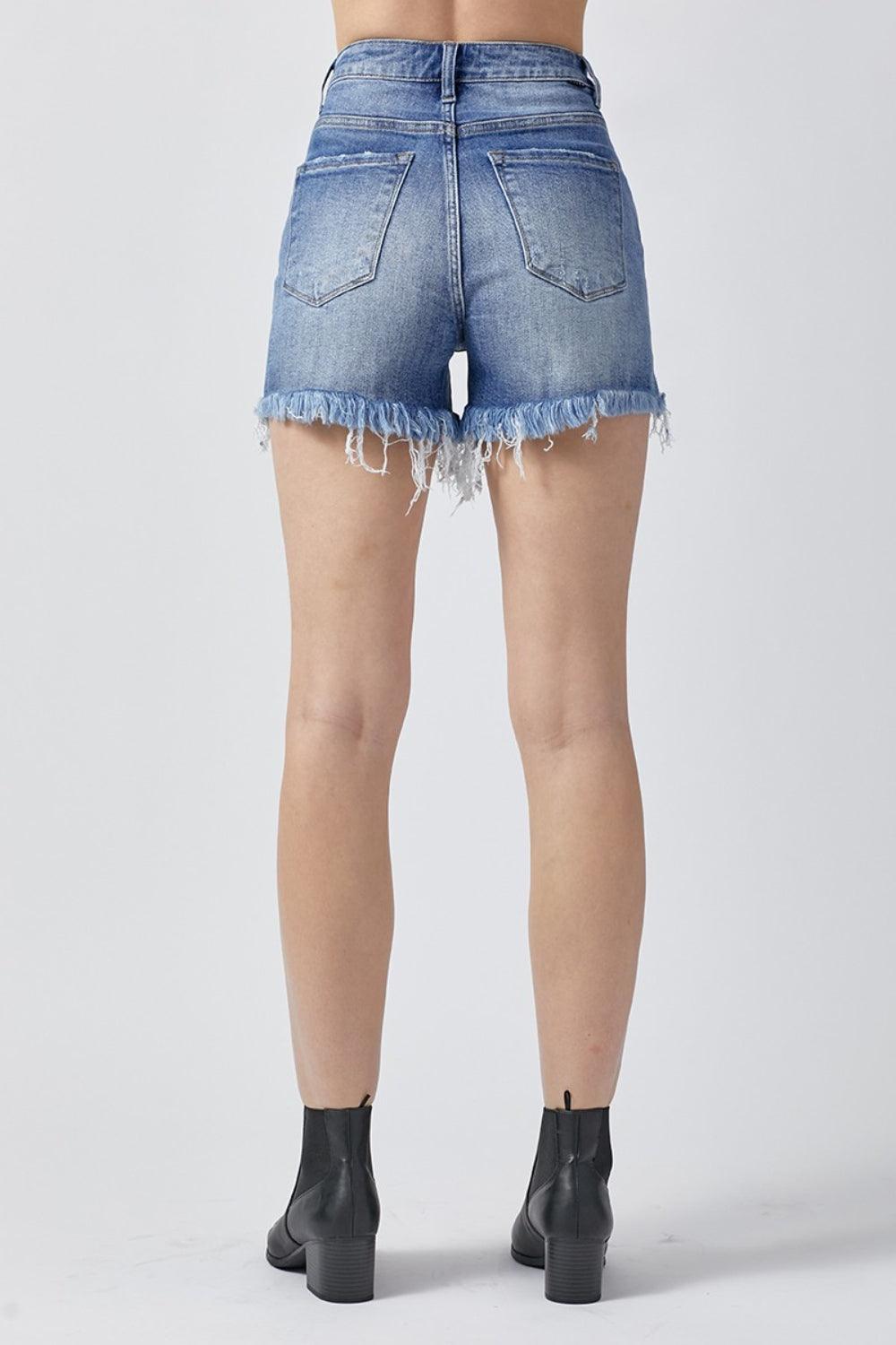 RISEN Raw Hem Asymmetrical Waist Denim Shorts - AMIClubwear