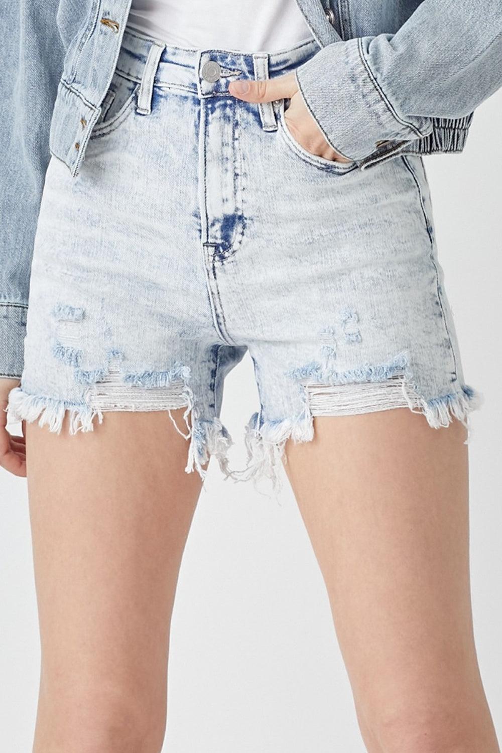 RISEN Raw Hem Distressed High Rise Denim Shorts - AMIClubwear