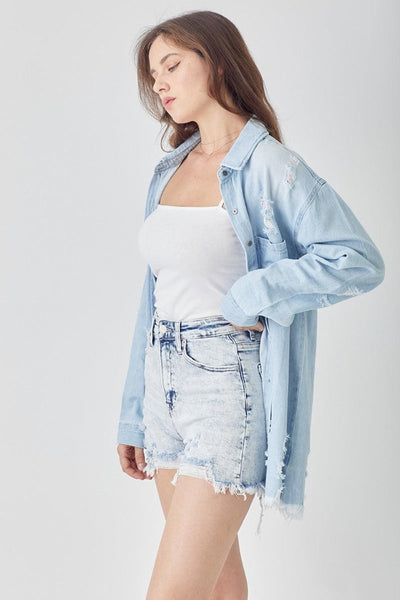 RISEN Raw Hem Distressed High Rise Denim Shorts - AMIClubwear